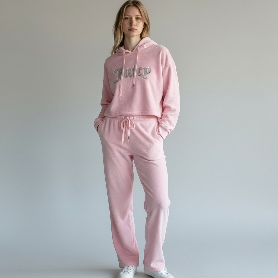 Juicy Couture Y2k Fluffy Fleece 2 Piece Hoodie Pants Set Sequin Logo Pink Medium